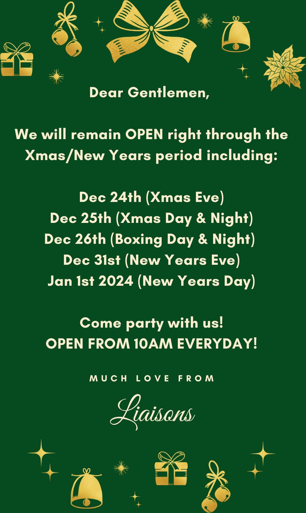 Liaisons holiday opening hours notice
